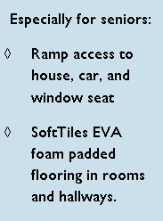 Text Box: Especially for seniors:Ramp access to house, car, and window seatSoftTiles EVA foam padded flooring in rooms and hallways.  